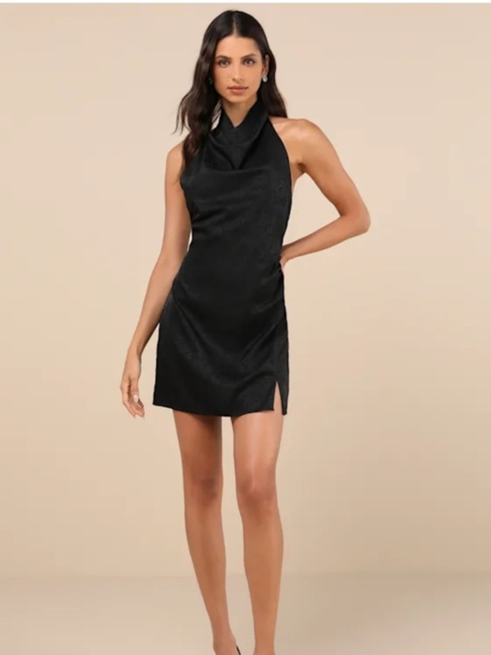 NWT Lulus Simply a Stunner Black Jacquard Cowl Backless Mini Dress
